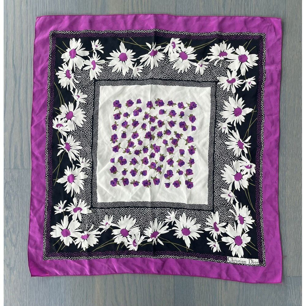Christian Dior 1970s Vintage 100% Silk Scarf Purple Flowers - Picture 1 of 7
